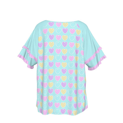 Sweet Love Hearts Blue Round Neck Raglan Sleeve Ruffle Frill T-Shirt