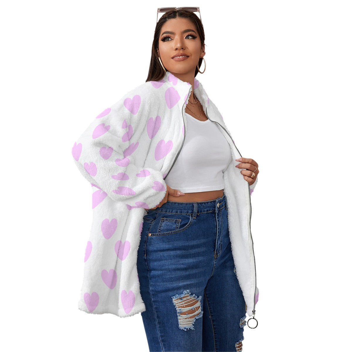 Sweet Love Hearts Oversized Fuzzy Fleece Coat With Zipper (Pink x White)