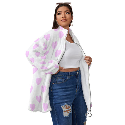 Sweet Love Hearts Oversized Fuzzy Fleece Coat With Zipper (Pink x White)