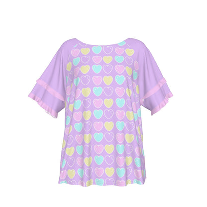 Sweet Love Hearts Purple Round Neck Raglan Sleeve Ruffle Frill T-Shirt