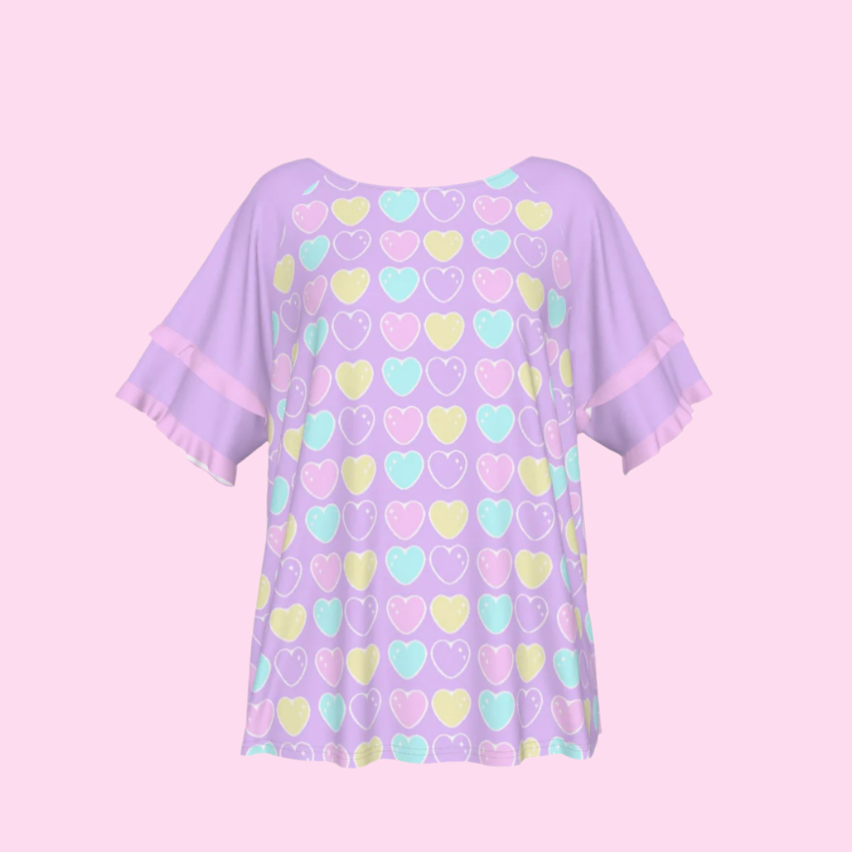 Sweet Love Hearts Purple Round Neck Raglan Sleeve Ruffle Frill T-Shirt