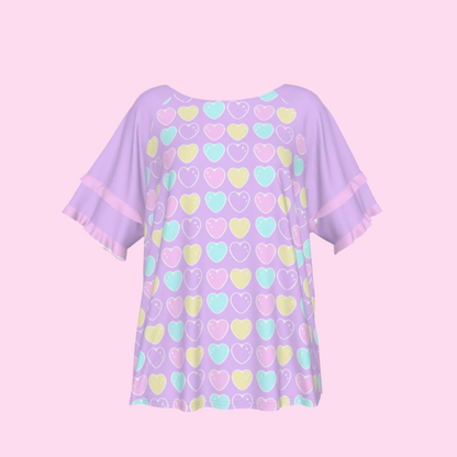 Sweet Love Hearts Purple Round Neck Raglan Sleeve Ruffle Frill T-Shirt