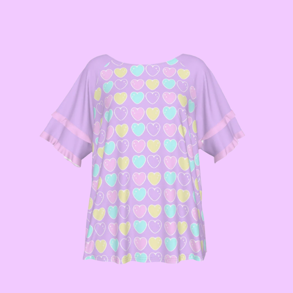 Sweet Love Hearts Purple Round Neck Raglan Sleeve Ruffle Frill T-Shirt