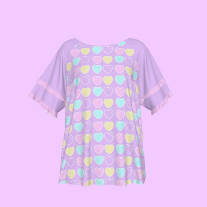 Sweet Love Hearts Purple Round Neck Raglan Sleeve Ruffle Frill T-Shirt