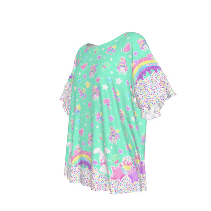 Rainbow Sweets Round Neck Raglan Sleeve Ruffle Frill T-Shirt (Mint)