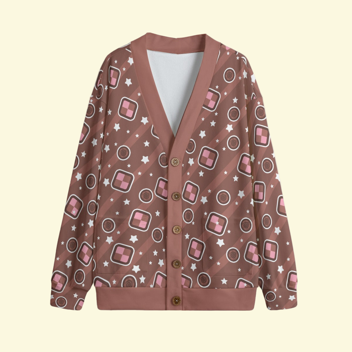 Kawaii Cookies Unisex V-Neck Knitted Fleece Button Up Cardigan With Pockets (A Batch Of Cookies)