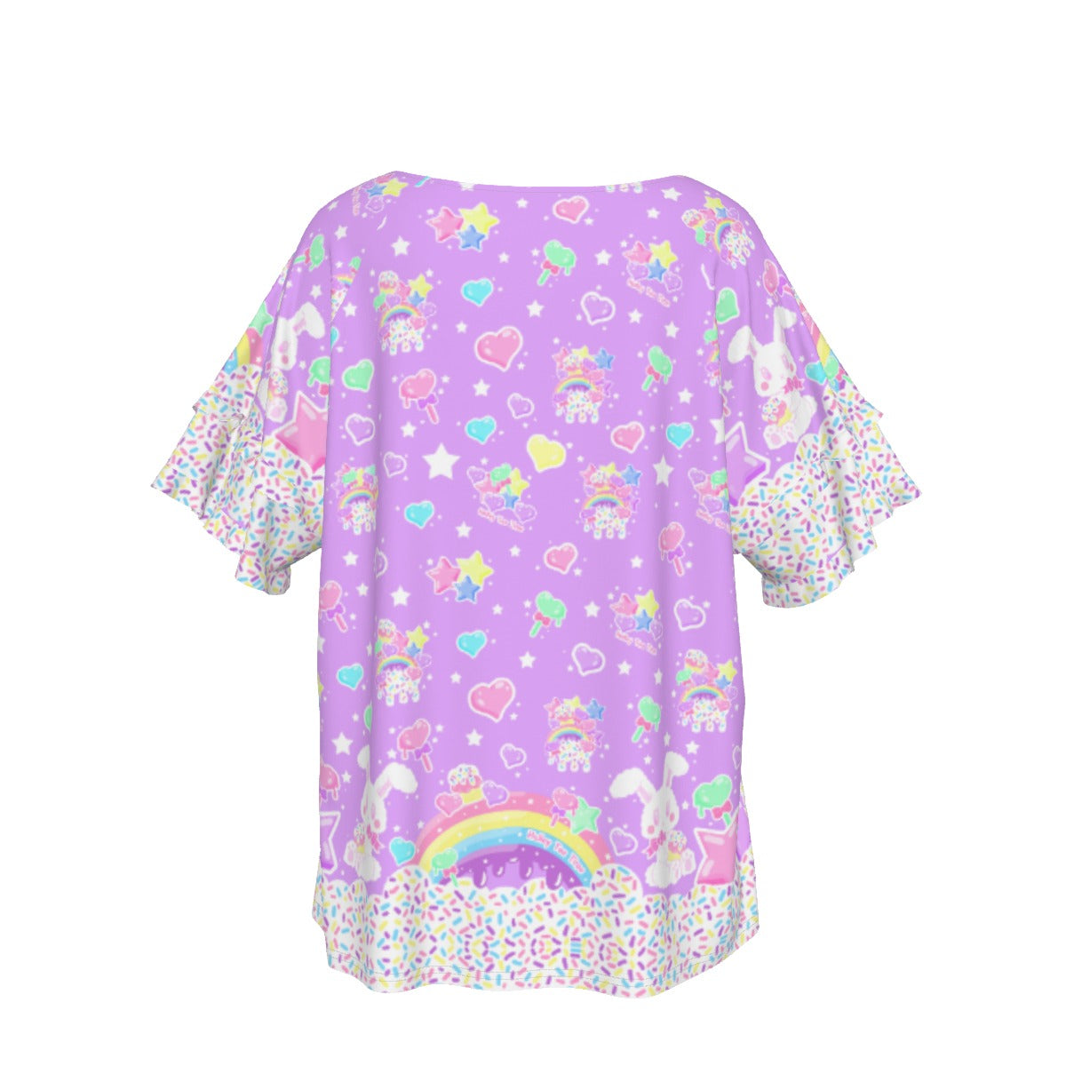 Rainbow Sweets Round Neck Raglan Sleeve Ruffle Frill T-Shirt (Purple)