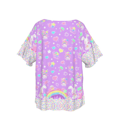 Rainbow Sweets Round Neck Raglan Sleeve Ruffle Frill T-Shirt (Purple)