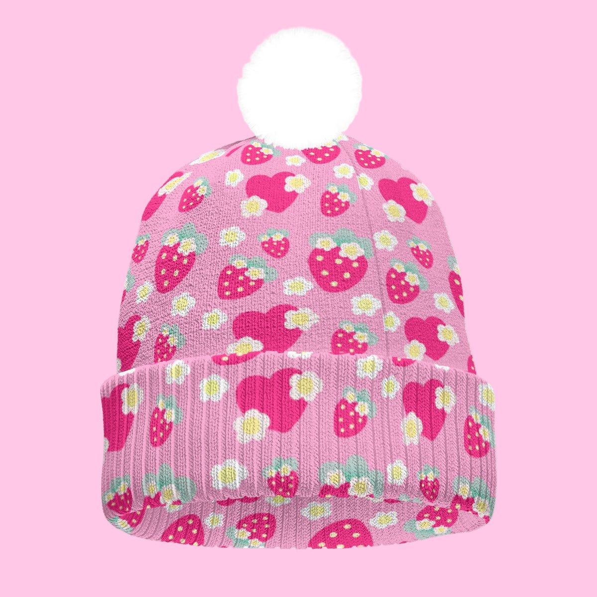 Strawberry Cutie Knitted Beanie Hat With Pom-Pom (Soda Pop Fruity Berry Pink)