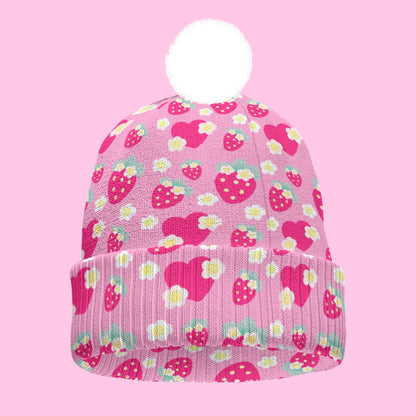 Strawberry Cutie Knitted Beanie Hat With Pom-Pom (Soda Pop Fruity Berry Pink)