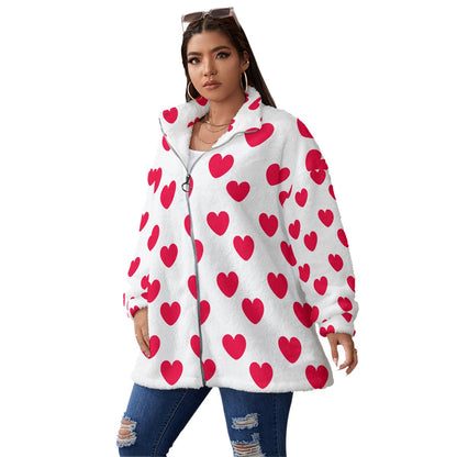 Sweet Love Hearts Oversized Fuzzy Fleece Coat With Zipper (Red x White)