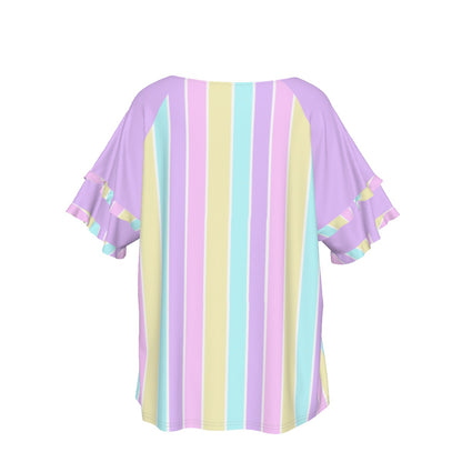 Pastel Stripes Purple Round Neck Raglan Sleeve Ruffle Frill T-Shirt