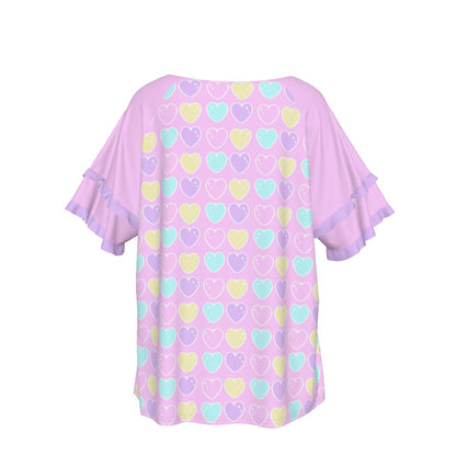 Sweet Love Hearts Pink Round Neck Raglan Sleeve Ruffle Frill T-Shirt