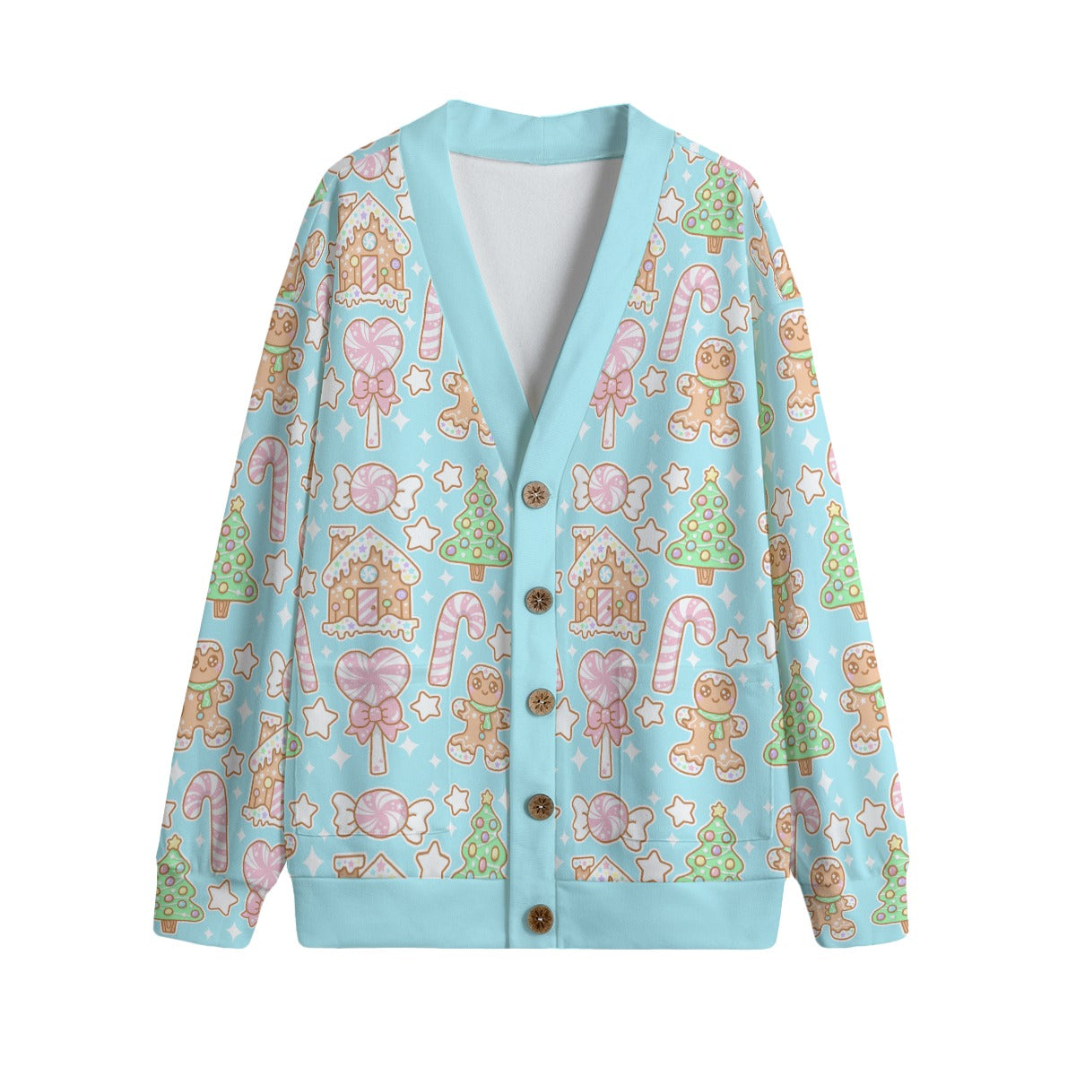 Kawaii Christmas Unisex V-Neck Knitted Fleece Button Up Cardigan With Pockets (Blue Cotton Candy)