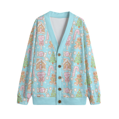 Kawaii Christmas Unisex V-Neck Knitted Fleece Button Up Cardigan With Pockets (Blue Cotton Candy)