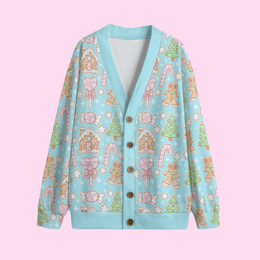 Kawaii Christmas Unisex V-Neck Knitted Fleece Button Up Cardigan With Pockets (Blue Cotton Candy)
