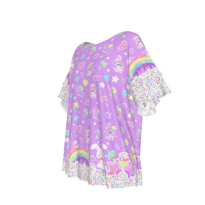 Rainbow Sweets Round Neck Raglan Sleeve Ruffle Frill T-Shirt (Purple)