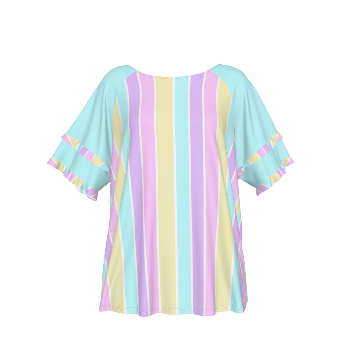 Pastel Stripes Blue Round Neck Raglan Sleeve Ruffle Frill T-Shirt