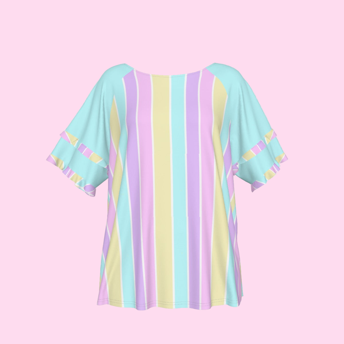 Pastel Stripes Blue Round Neck Raglan Sleeve Ruffle Frill T-Shirt
