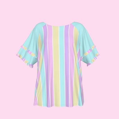 Pastel Stripes Blue Round Neck Raglan Sleeve Ruffle Frill T-Shirt