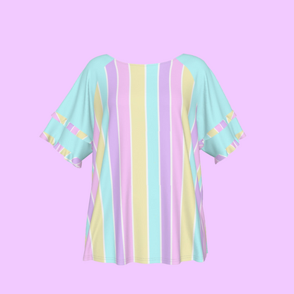 Pastel Stripes Blue Round Neck Raglan Sleeve Ruffle Frill T-Shirt