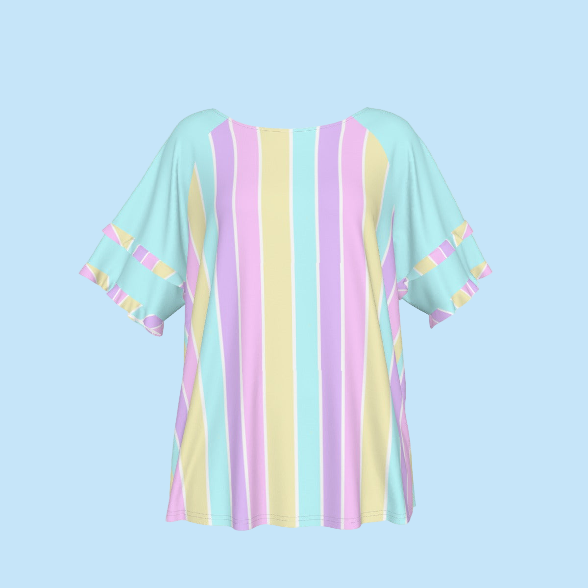 Pastel Stripes Blue Round Neck Raglan Sleeve Ruffle Frill T-Shirt