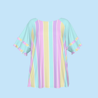 Pastel Stripes Blue Round Neck Raglan Sleeve Ruffle Frill T-Shirt