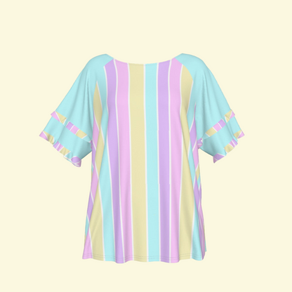 Pastel Stripes Blue Round Neck Raglan Sleeve Ruffle Frill T-Shirt