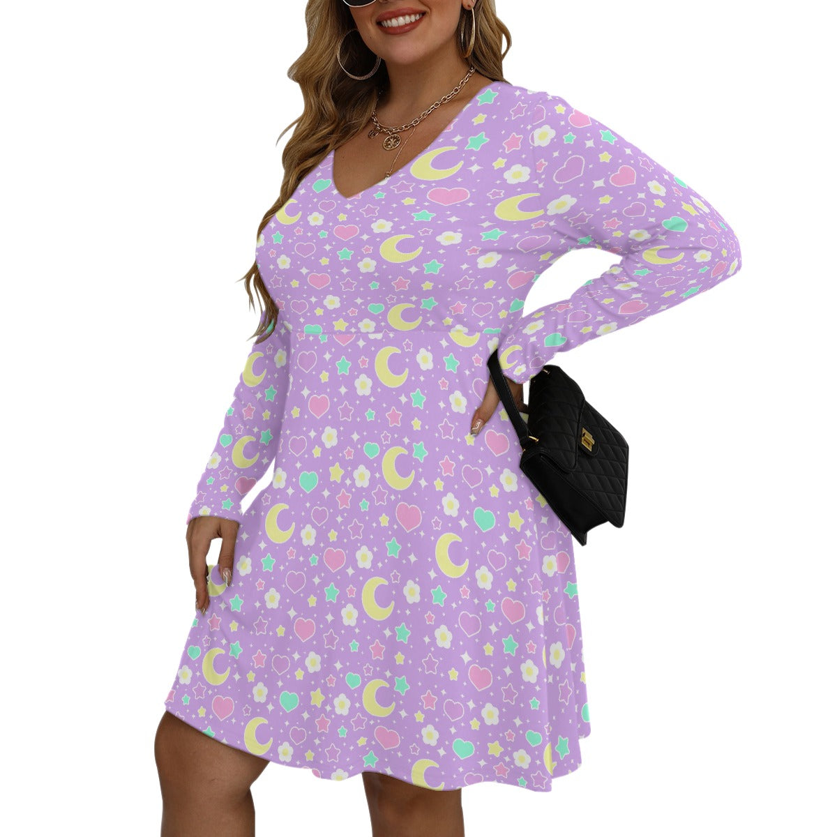 Magical Spring Purple Women's V-Neck Long Sleeve Dress (Plus Size)