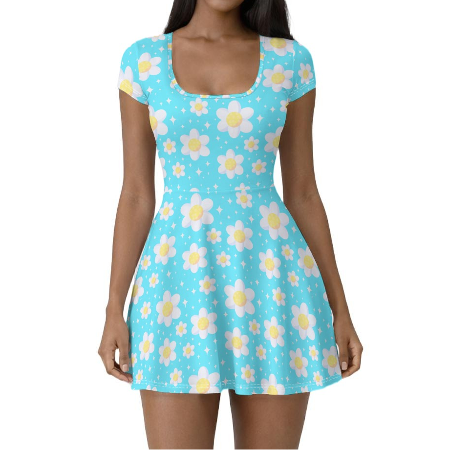 Daisy Dreams Sporty Women’s Square Neck Cap Sleeve Athletic Exercise Mini Dress With Shorts (Aqua Blue)