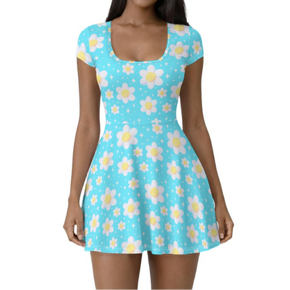 Daisy Dreams Sporty Women’s Square Neck Cap Sleeve Athletic Exercise Mini Dress With Shorts (Aqua Blue)