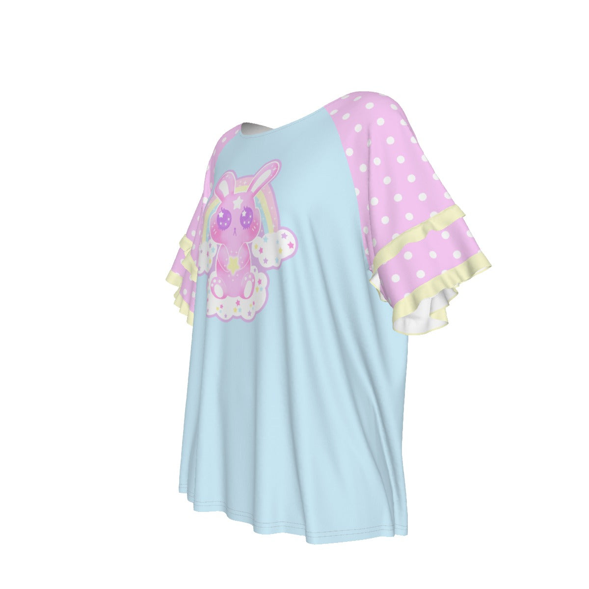 Wishing Bunny Blue Round Neck Raglan Sleeve Ruffle Frill T-Shirt