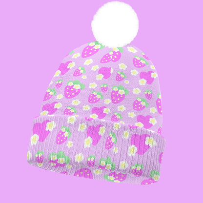Strawberry Cutie Knitted Beanie Hat With Pom-Pom (Fruity Berry Purple)