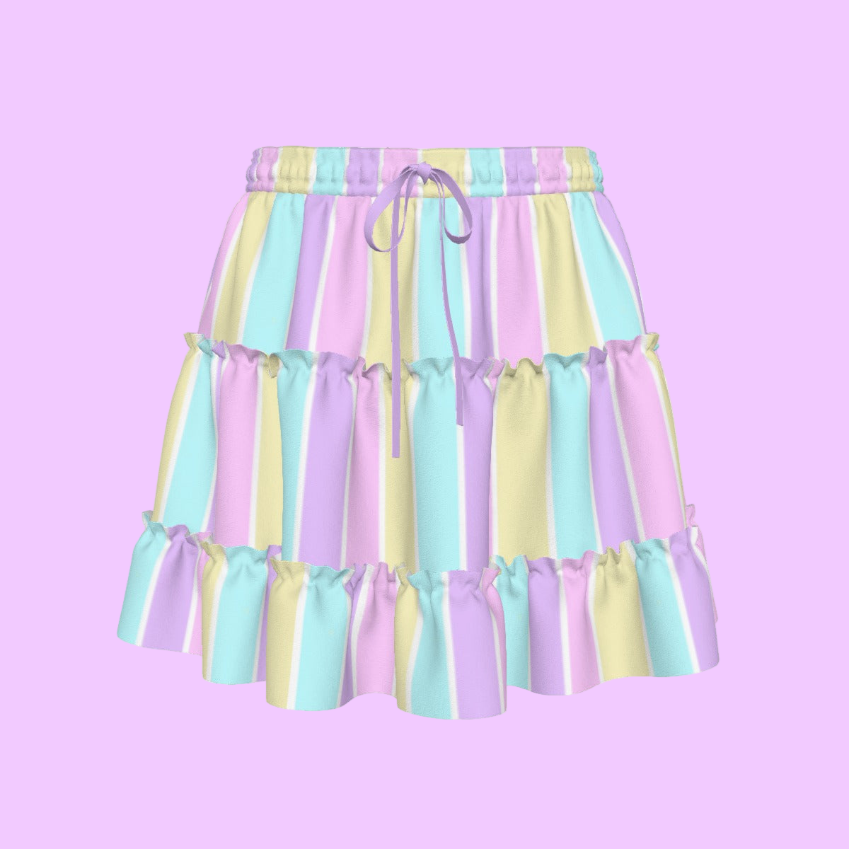 Pastel Stripes Waist Tie Tiered Ruffle Mini Skirt