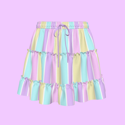 Pastel Stripes Waist Tie Tiered Ruffle Mini Skirt