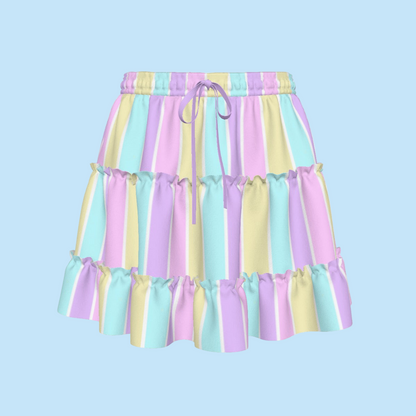 Pastel Stripes Waist Tie Tiered Ruffle Mini Skirt