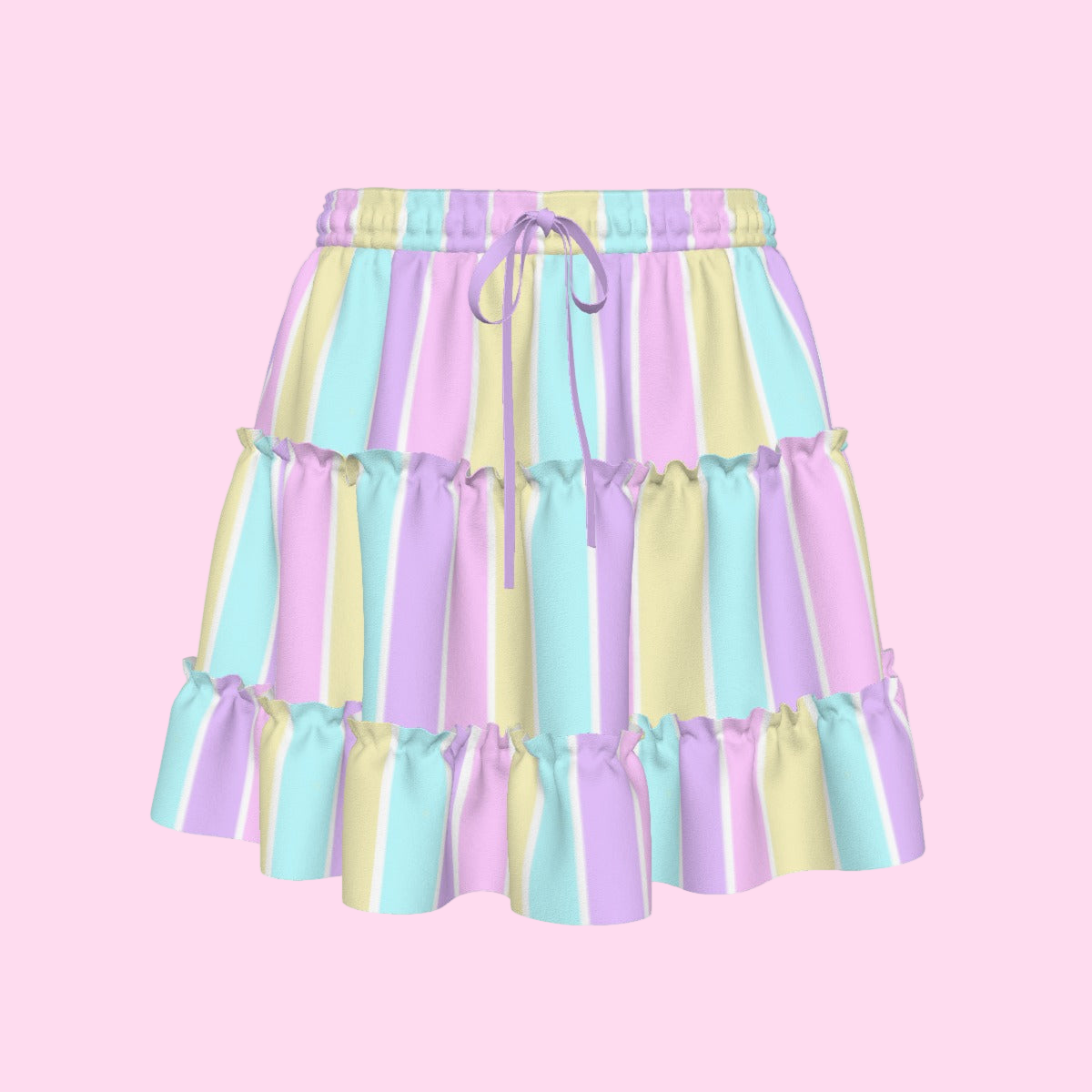 Pastel Stripes Waist Tie Tiered Ruffle Mini Skirt