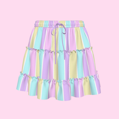 Pastel Stripes Waist Tie Tiered Ruffle Mini Skirt