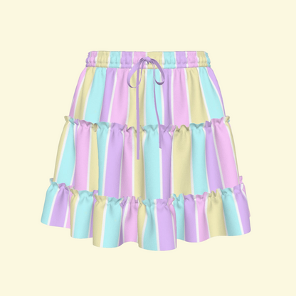 Pastel Stripes Waist Tie Tiered Ruffle Mini Skirt