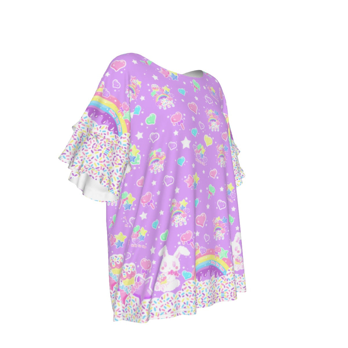 Rainbow Sweets Round Neck Raglan Sleeve Ruffle Frill T-Shirt (Purple)
