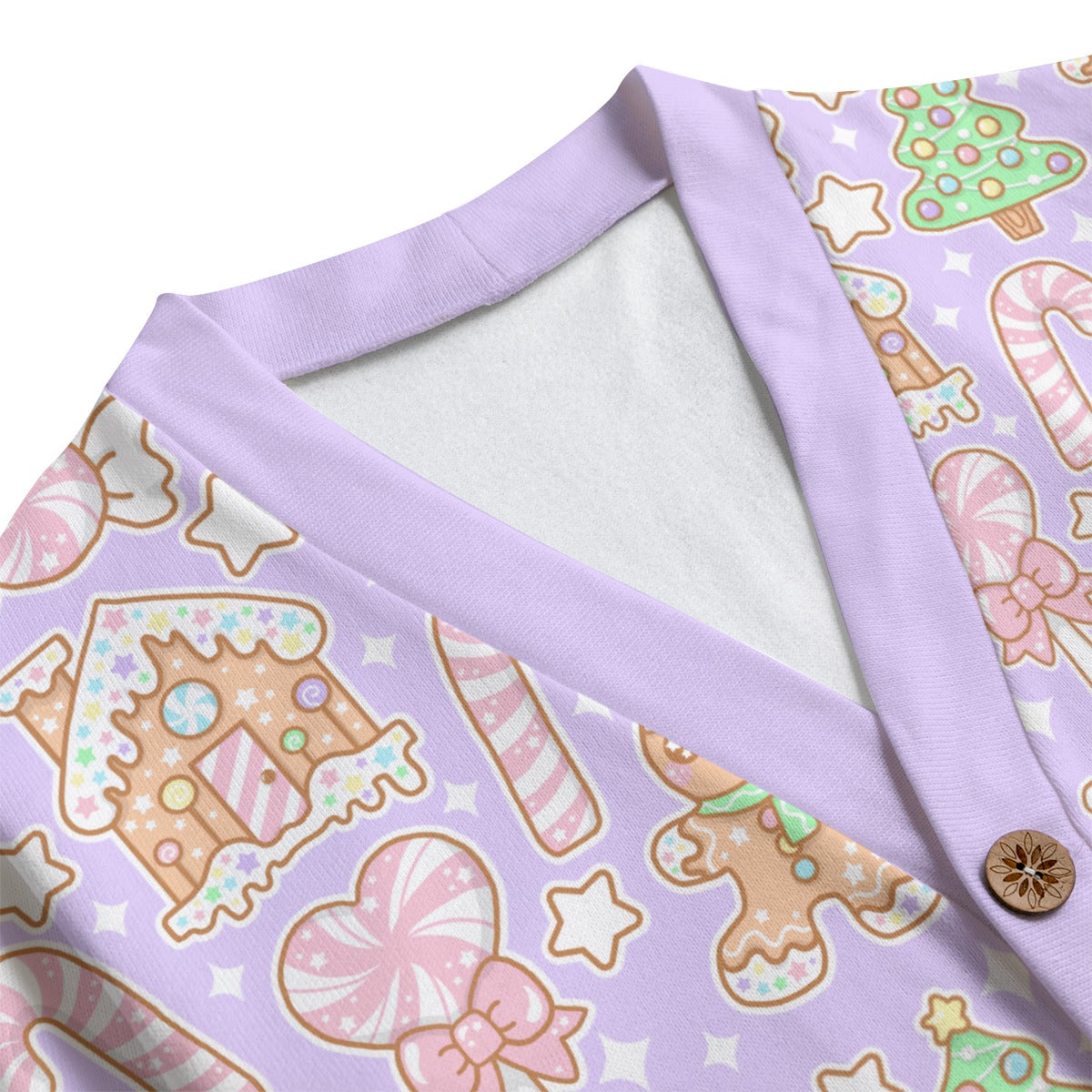 Kawaii Christmas Unisex V-Neck Knitted Fleece Button Up Cardigan With Pockets (Sugar Plum)