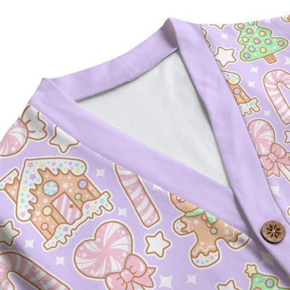 Kawaii Christmas Unisex V-Neck Knitted Fleece Button Up Cardigan With Pockets (Sugar Plum)