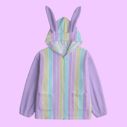 Pastel Stripes Purple Soft Plush Fleece Bunny Ear Zip Up Hoodie With Pockets