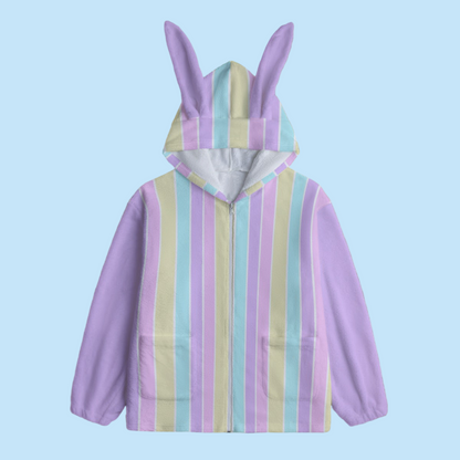 Pastel Stripes Purple Soft Plush Fleece Bunny Ear Zip Up Hoodie With Pockets