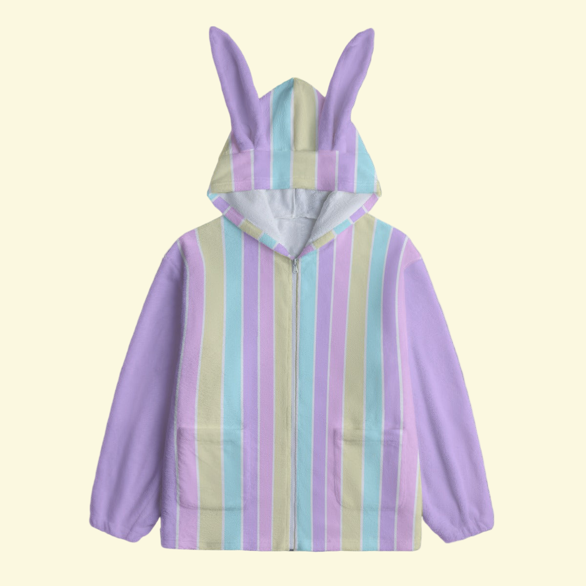 Pastel Stripes Purple Soft Plush Fleece Bunny Ear Zip Up Hoodie With Pockets