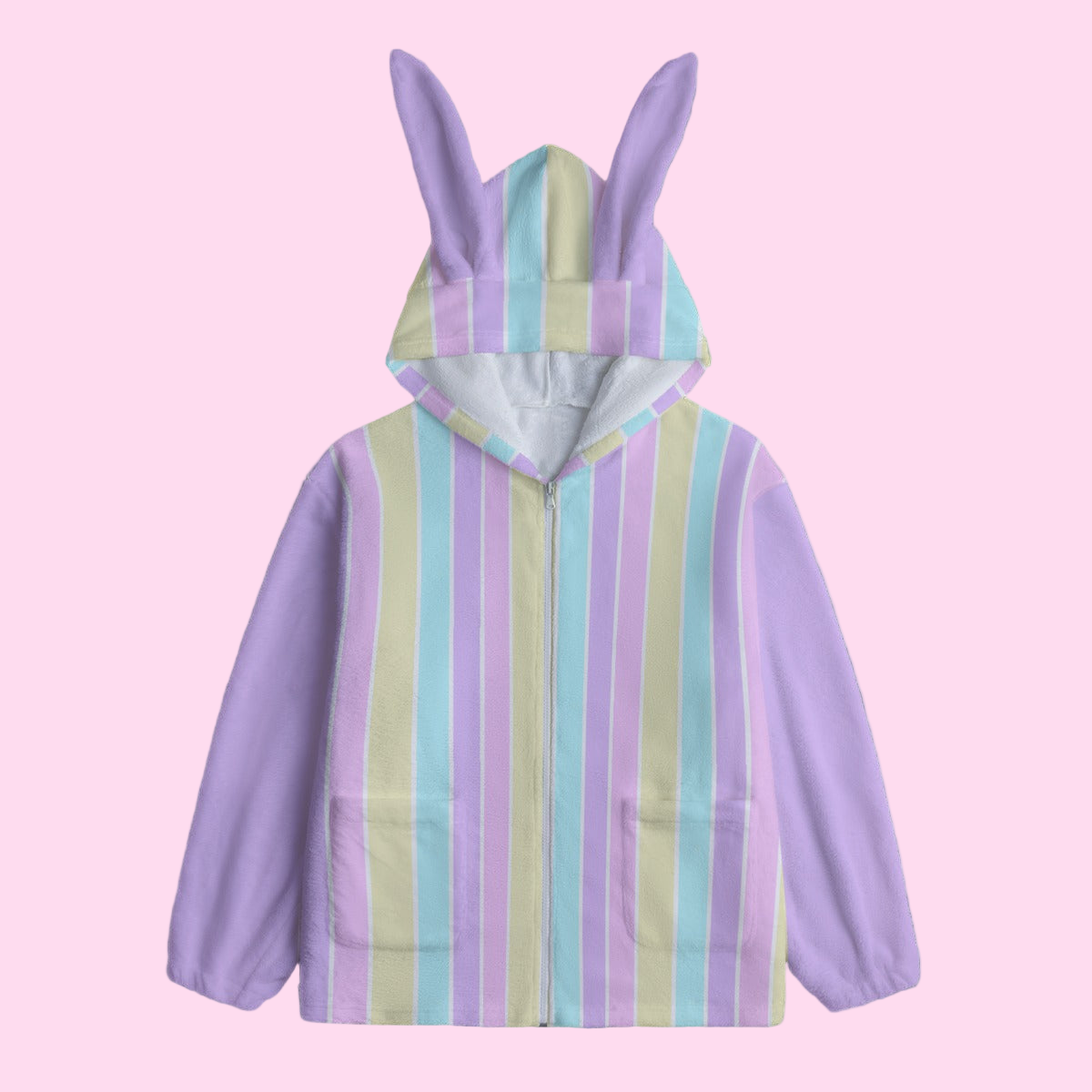 Pastel Stripes Purple Soft Plush Fleece Bunny Ear Zip Up Hoodie With Pockets