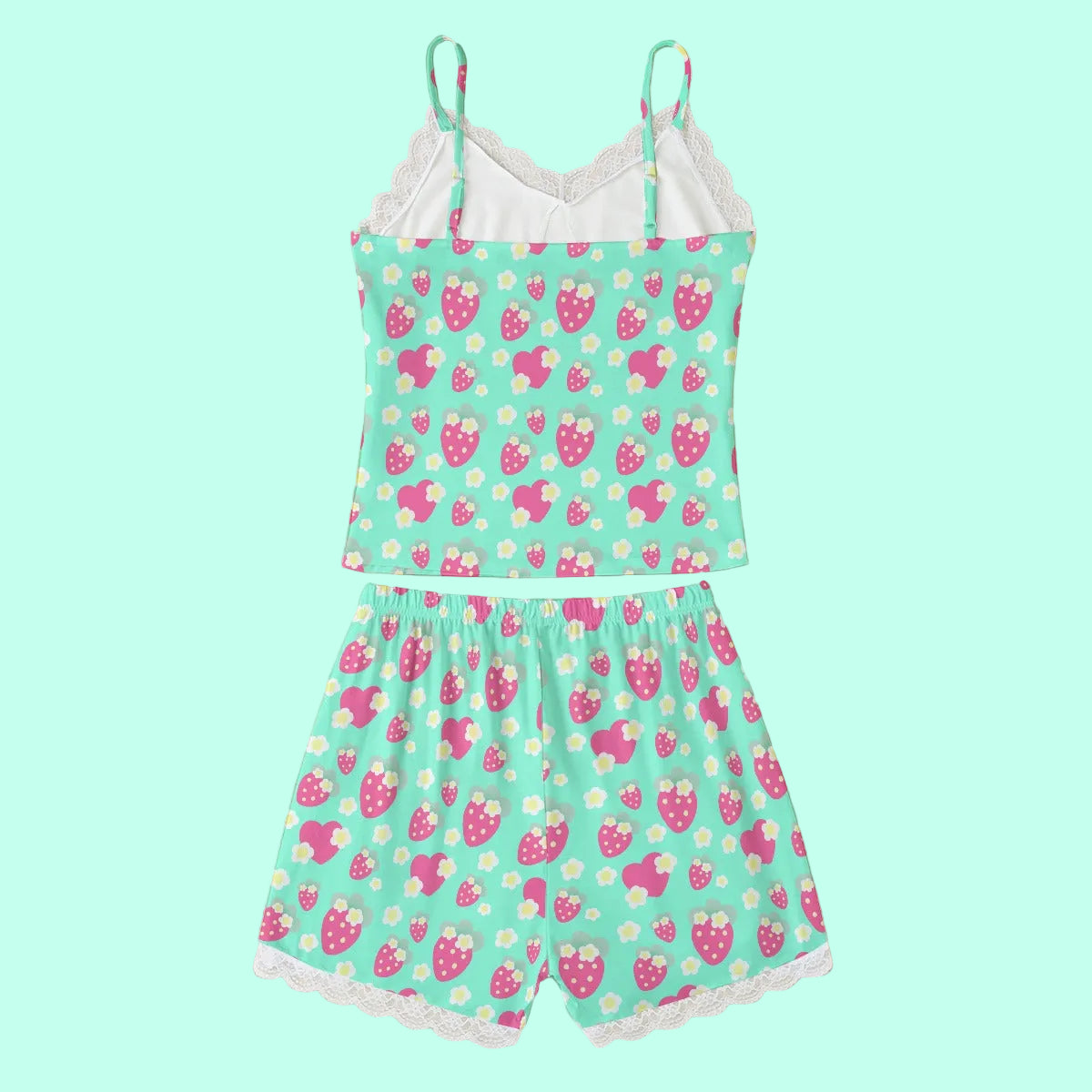 Strawberry Cutie Women's Cami & Shorts Lounge Wear Pajama Set With Lace Trim (Fruity Berry Mint)