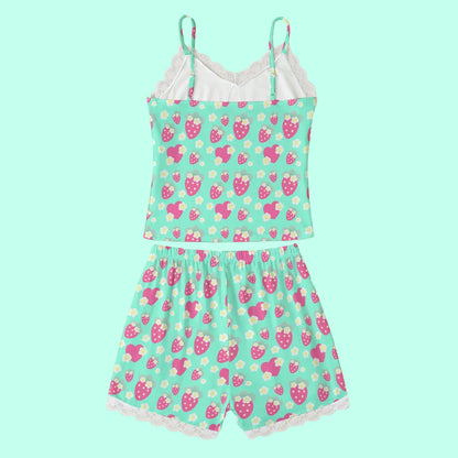 Strawberry Cutie Women's Cami & Shorts Lounge Wear Pajama Set With Lace Trim (Fruity Berry Mint)