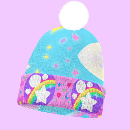 Rainbow Decora Star Knitted Beanie Hat With Pom-Pom
