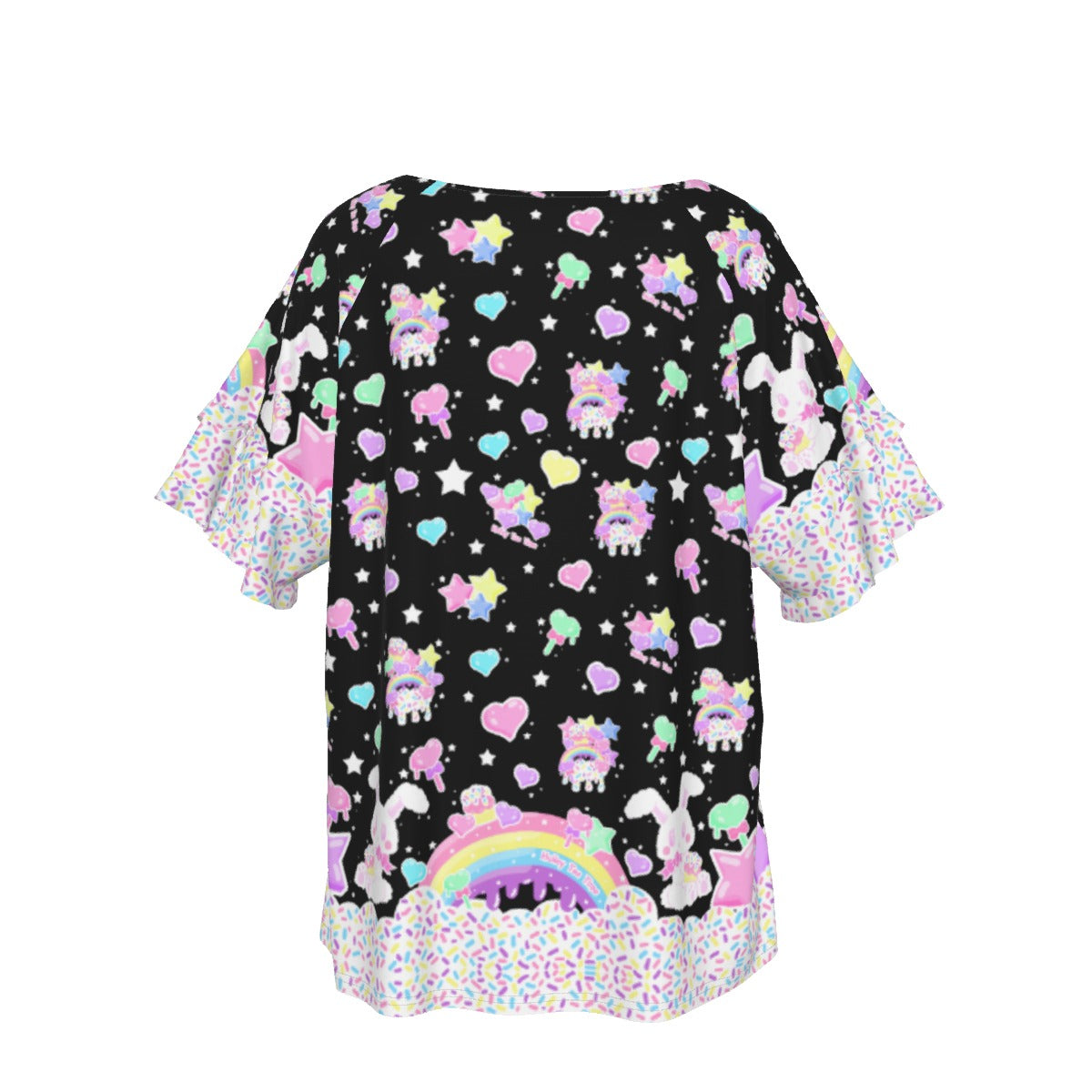 Rainbow Sweets Round Neck Raglan Sleeve Ruffle Frill T-Shirt (Black)